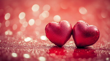 Fototapeta premium Two Sparkling Red Hearts on Glittery Background for Love and Romance Themes : Generative AI