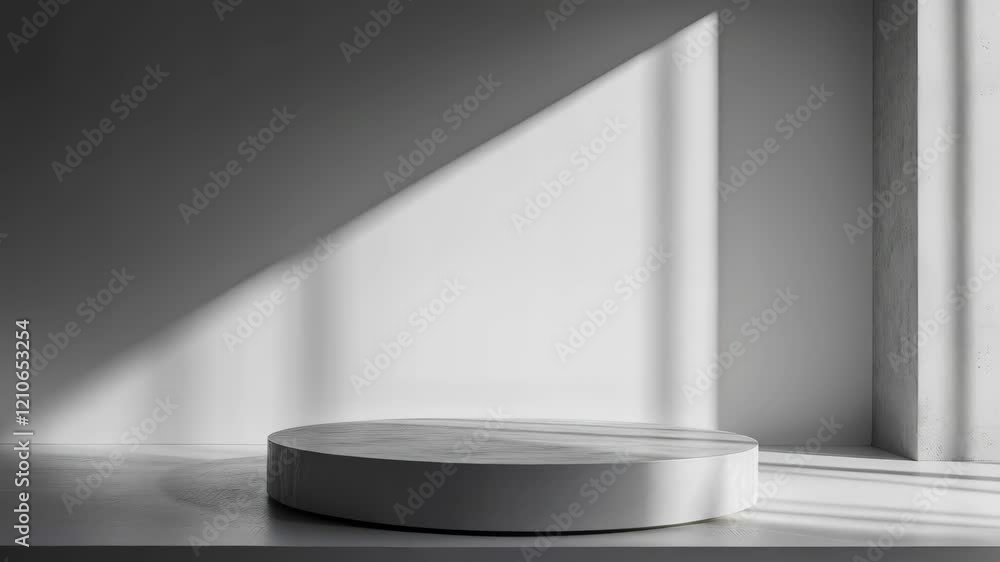 Poster sunlight casting shadows on minimalist round platform display in modern interior