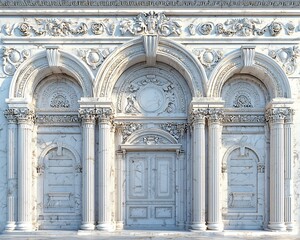 Obraz premium Elegant white marble facade with three arched doorways and ornate detailing.
