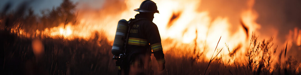 Firefighter Silhouetted Against Wildfire at Sunset