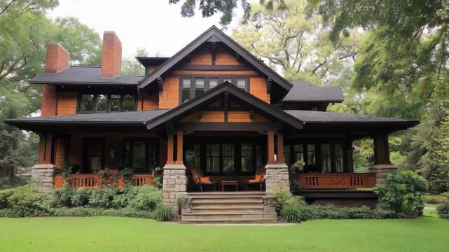 Charming craftsman house surrounded by lush greenery on a tranquil day