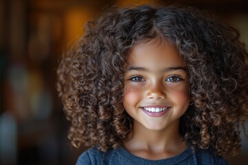 A happy young girl with curly hair smiles at the camera, suitable for children's photography or family album use