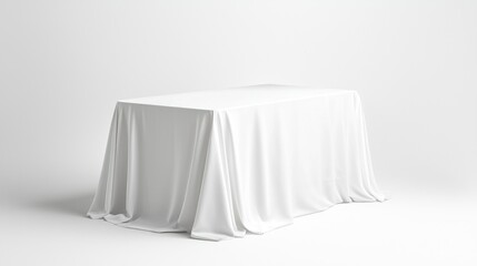 White tablecloth draped over rectangular table, plain background, product display mockup