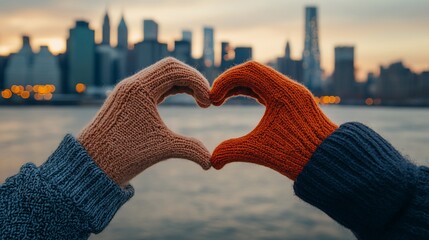 Winter gloves forming heart shape against city skyline.