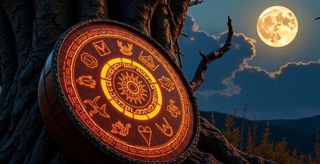 Naklejka premium Illuminated astrological symbols on tree against moonlit sky
