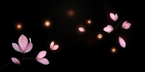 Amidst a deep, dark background, exquisite pink blossoms seem to float in the air, creating a magical spring atmosphere that captivates the viewer with its charm and beauty