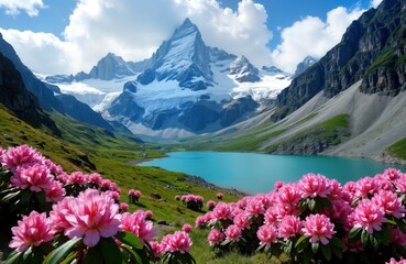 Majestic Mont Blanc glacier, turquoise Lac Blanc lake in Chamonix resort. Alpine scenery with stunning view of snow-capped mountains, vibrant turquoise lake surrounded by pink rhododendrons. Summer