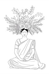 An  Woman  with a Vibrant Floral Crown Coloring page