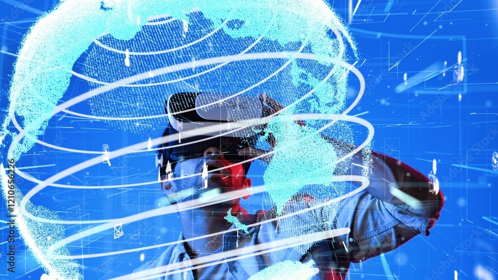 Poster excited man looking global connection hologram by using vr glasses. skilled investor checking and lo