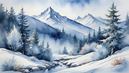 Winter hiking trails wind through snowy mountains with serene landscapes and cool blue tones in this watercolor illustration