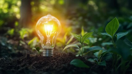 Illuminated bulb amidst lush foliage: sustainable innovation inspiring green growth