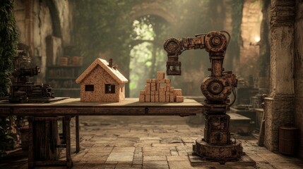 In a bright, elegant setting, a robotic arm interacts with a large cube of golden, textured blocks