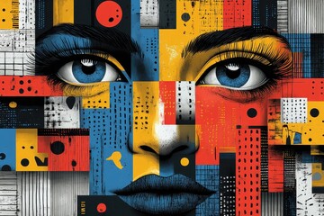 A vibrant, abstract portrait featuring bold colors and geometric patterns.