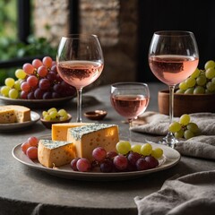 A chilled glass of ros&eacute; wine paired with a plate of cheese and grapes.
