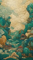 Abstract artwork depicting an Asian-style pavilion with swirling colors in a landscape setting