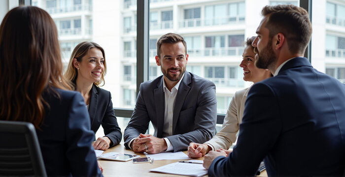 Business professionals engaged in discussion around conference table