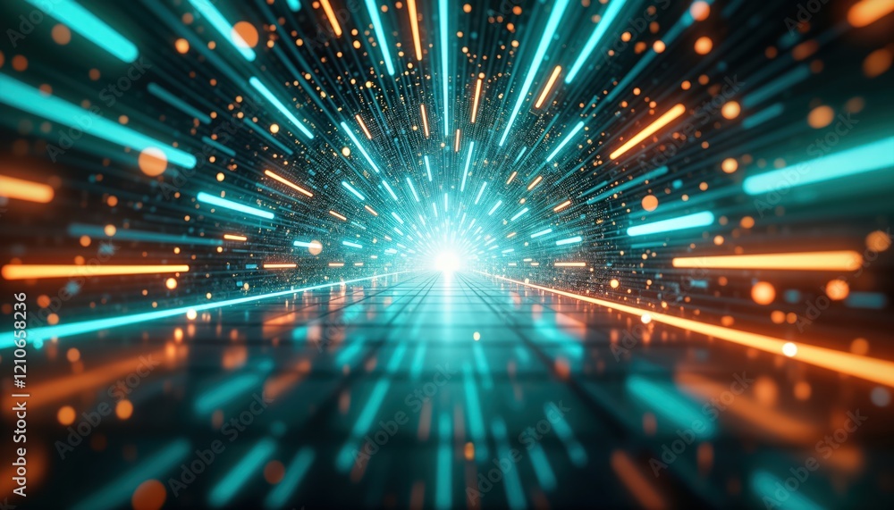 Poster futuristic tunnel with vibrant blue-green, gold laser beams. high-speed data streams create dynamic 