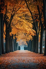 Fototapeta premium A picturesque pathway lined with vibrant autumn trees, showcasing the beauty of fall foliage