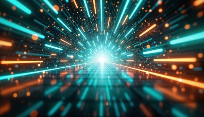 Obraz premium Futuristic tunnel with vibrant blue-green, gold laser beams. High-speed data streams create dynamic effect. Abstract tech background evokes time travel, high speed internet concept. Portal effect