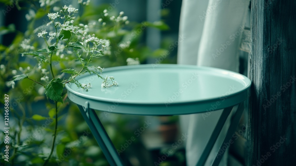 Poster detailed image of a sleek, white circular table in close proximity to a window with sheer curtains a