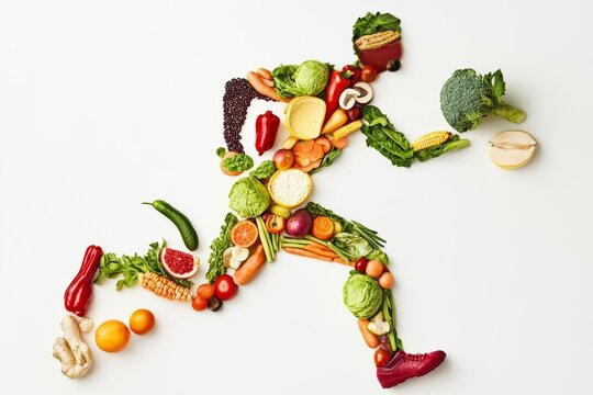 Creative athlete silhouette made from fresh vegetables and fruits