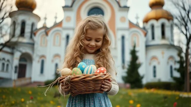 Easter. A girl with a basket of painted eggs in the basket on the background of the Orthodox Church. Easter video. Video 4K.