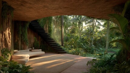 The minimalist home interior includes a staircase, large windows, and a sofa