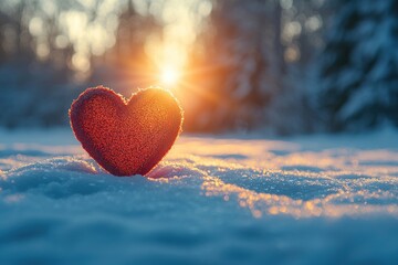 Fototapeta premium Red heart covered in frost resting on snow during a golden winter sunset with blurred trees in the background Generative AI