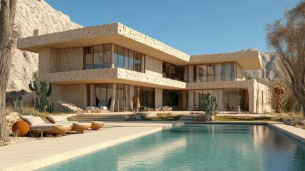 Fototapeta premium A minimalist, modern house boasting an infinity pool and a breathtaking panoramic view