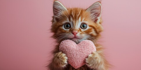 Cute ginger kitten holding a textured pink heart against a soft pastel pink background Generative AI