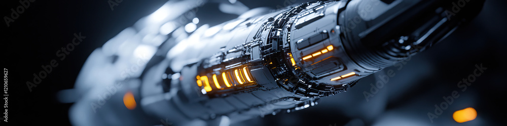 Poster close-up of futuristic cylindrical mechanical device with internal glowing elements