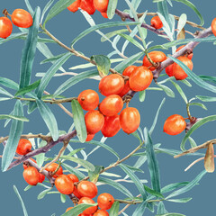 Seamless Watercolor Botanical Pattern of Sea Buckthorn Branches with Orange Berries 