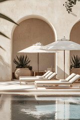 Serene poolside oasis with lounge chairs and umbrellas. Perfect relaxation awaits.