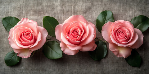 Różowe kwiaty na materiale, róże z zielonymi liśćmi