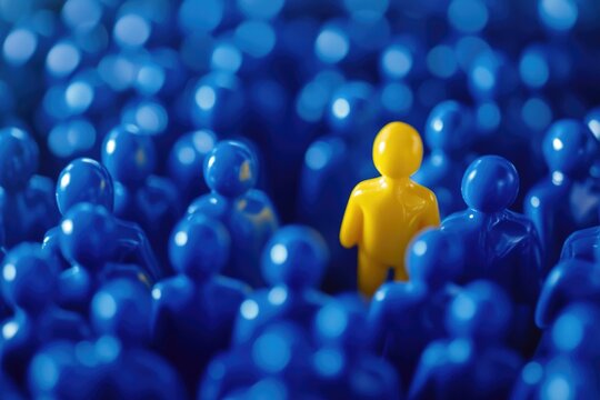 A bright yellow person standing amidst a group of blue individuals, highlighting their unique appearance