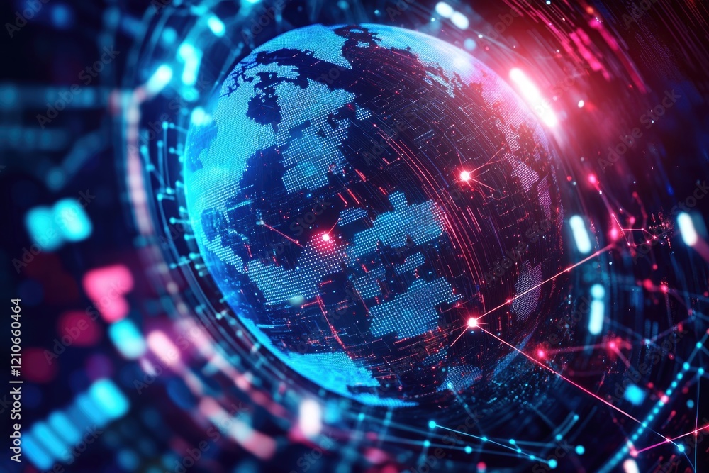 Poster a 3d world map surrounded by grid lines and dots, perfect for illustrating global concepts and data 