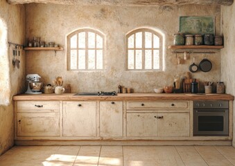 With bright white and beige tones, the kitchen corner includes modern counters and a framed picture