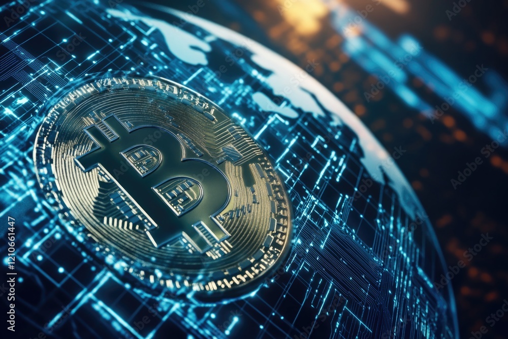 Poster bitcoin coin sitting on top of a circuit board with electronic components and wires