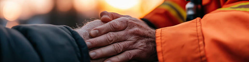 Fototapeta premium Close-up of Clasped Hands, One Hand Elderly, One in Orange Jacket