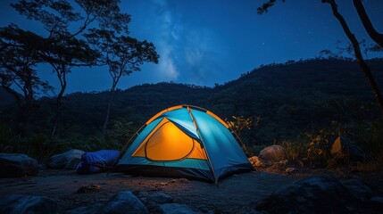 Bright tent glows under starry night sky in serene mountain campsite