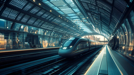 A futuristic train station with solar panel-covered 