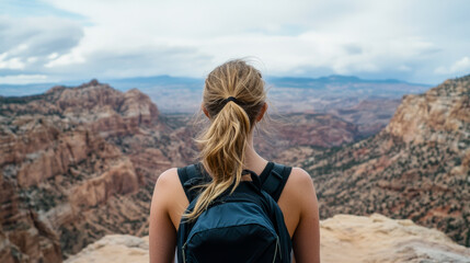 Hiker enjoying the beautiful canyon views during a cloudy day in a mountainous region