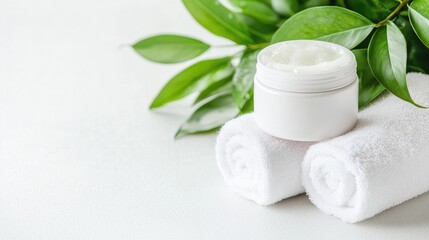 Spa cream on towels with green leaves