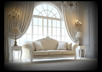 Fototapeta premium Macro photography of a minimalist living room with a cream color scheme and chandelier