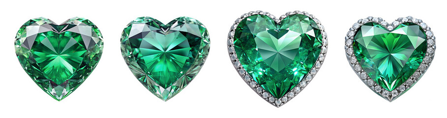 Fototapeta premium set of green emerald diamond gem heart, soft focus isolated on the transparent background
