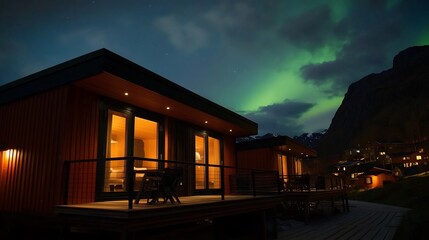 Obraz premium Northern Lights Illuminating Cozy Cabin Retreat in Lofoten Islands