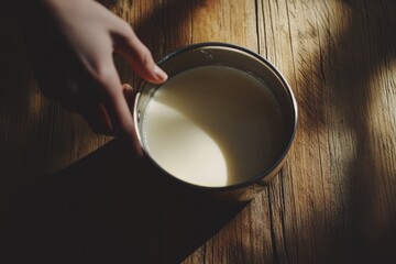 A hand carefully holds a bowl of milk bathed in soft, natural sunlight, creating an atmosphere of warmth and simplicity, evoking memories of rustic kitchens.