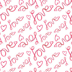 Handmade watercolor seamless pattern of the word of love. Seamless pattern for wedding or Valentine's day.