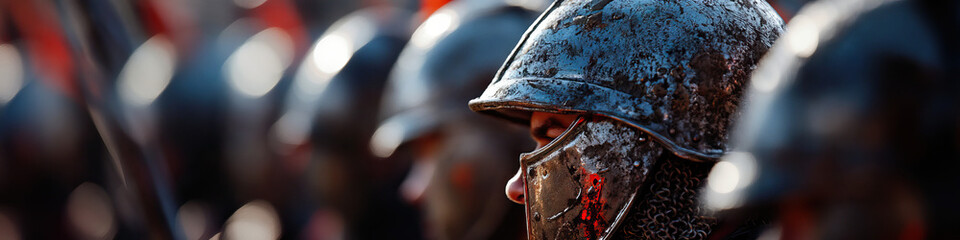 Medieval Soldier in Mud-Covered Helmet and Chainmail