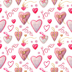 Watercolor seamless pattern of handmade hearts. Seamless pattern for wedding or Valentine's day.
